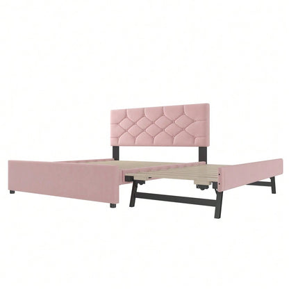 Polsterbett, 140x200cm, Bett mit Lattenrost (ohne Matratze), Bett mit Rollcontainer, Samt, Minimalistisch, Rosa
