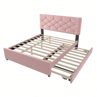 Polsterbett, 140x200cm, Bett mit Lattenrost (ohne Matratze), Bett mit Rollcontainer, Samt, Minimalistisch, Rosa
