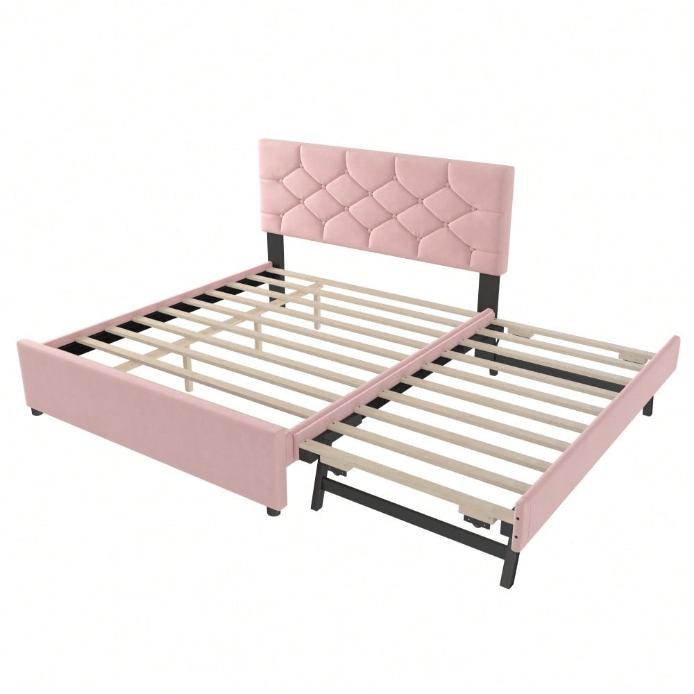 Polsterbett, 140x200cm, Bett mit Lattenrost (ohne Matratze), Bett mit Rollcontainer, Samt, Minimalistisch, Rosa