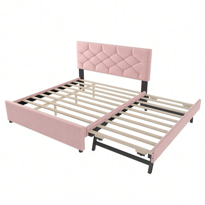 Polsterbett, 140x200cm, Bett mit Lattenrost (ohne Matratze), Bett mit Rollcontainer, Samt, Minimalistisch, Rosa