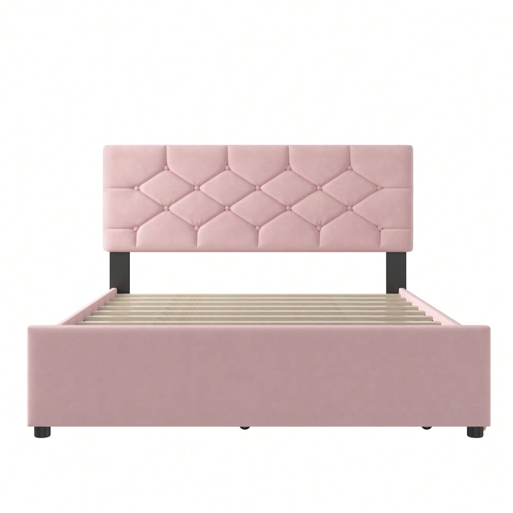 Polsterbett, 140x200cm, Bett mit Lattenrost (ohne Matratze), Bett mit Rollcontainer, Samt, Minimalistisch, Rosa
