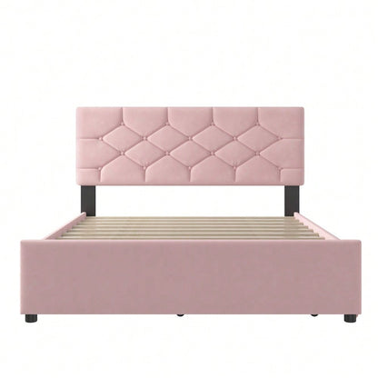 Polsterbett, 140x200cm, Bett mit Lattenrost (ohne Matratze), Bett mit Rollcontainer, Samt, Minimalistisch, Rosa