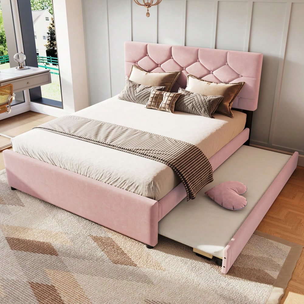Polsterbett, 140x200cm, Bett mit Lattenrost (ohne Matratze), Bett mit Rollcontainer, Samt, Minimalistisch, Rosa
