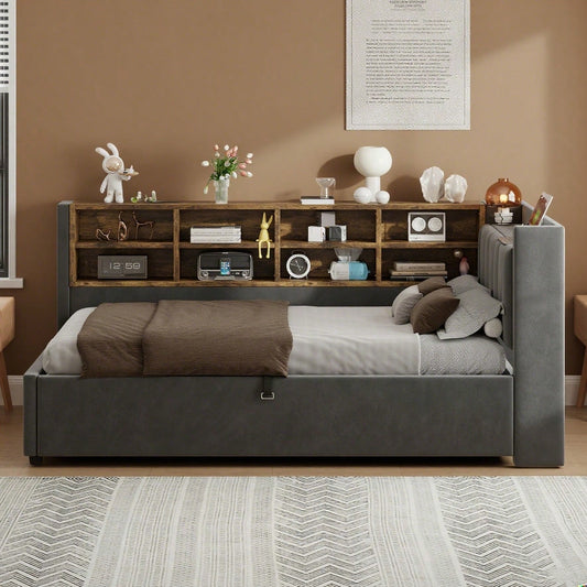 Polsterbett Schlafsofa 90*200 cm, Mit Hydraulischem Stauraum, Mit Nachtlicht, USB- und Typ-C-Ladeanschluss, Mit Ablagen und Staufächern, Gepolstertes Kopfteil, Multifunktionsbett Samtstoff Dunkelgrau