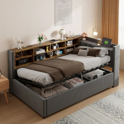 Polsterbett Schlafsofa 90*200 cm, Mit Hydraulischem Stauraum, Mit Nachtlicht, USB- und Typ-C-Ladeanschluss, Mit Ablagen und Staufächern, Gepolstertes Kopfteil, Multifunktionsbett Samtstoff Dunkelgrau