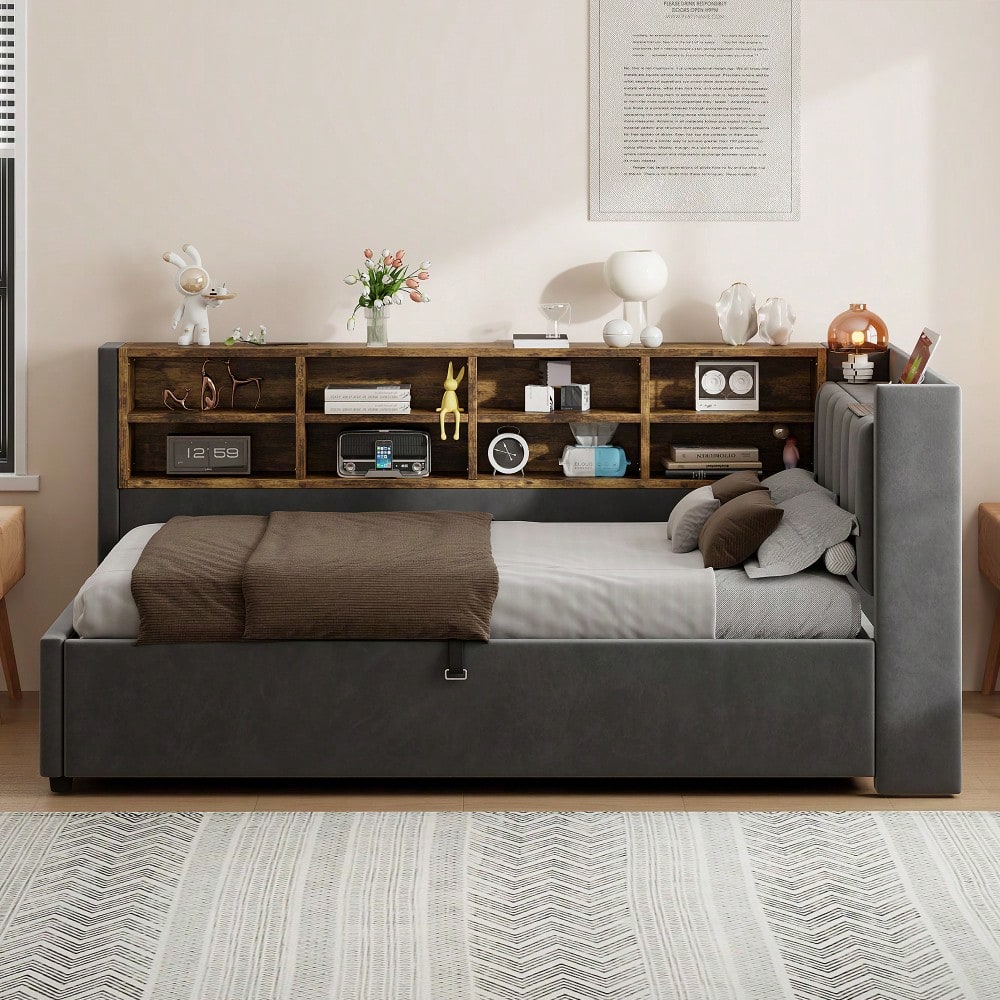Polsterbett Schlafsofa 90*200 cm, Mit Hydraulischem Stauraum, Mit Nachtlicht, USB- und Typ-C-Ladeanschluss, Mit Ablagen und Staufächern, Gepolstertes Kopfteil, Multifunktionsbett Samtstoff Dunkelgrau