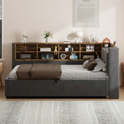 Polsterbett Schlafsofa 90*200 cm, Mit Hydraulischem Stauraum, Mit Nachtlicht, USB- und Typ-C-Ladeanschluss, Mit Ablagen und Staufächern, Gepolstertes Kopfteil, Multifunktionsbett Samtstoff Dunkelgrau