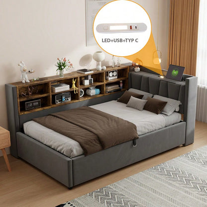 Polsterbett Schlafsofa 90*200 cm, Mit Hydraulischem Stauraum, Mit Nachtlicht, USB- und Typ-C-Ladeanschluss, Mit Ablagen und Staufächern, Gepolstertes Kopfteil, Multifunktionsbett Samtstoff Dunkelgrau