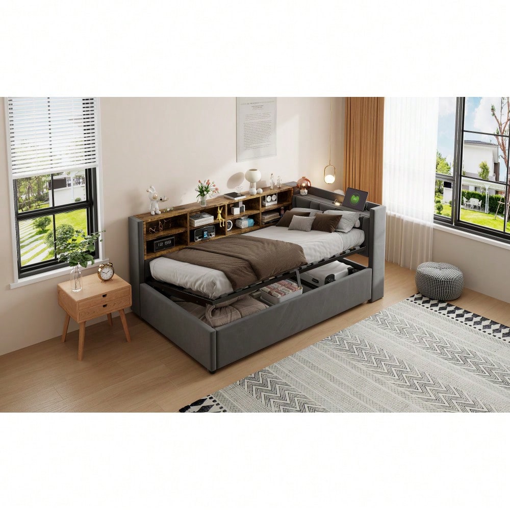 Polsterbett Schlafsofa 90*200 cm, Mit Hydraulischem Stauraum, Mit Nachtlicht, USB- und Typ-C-Ladeanschluss, Mit Ablagen und Staufächern, Gepolstertes Kopfteil, Multifunktionsbett Samtstoff Dunkelgrau