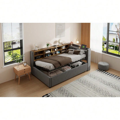 Polsterbett Schlafsofa 90*200 cm, Mit Hydraulischem Stauraum, Mit Nachtlicht, USB- und Typ-C-Ladeanschluss, Mit Ablagen und Staufächern, Gepolstertes Kopfteil, Multifunktionsbett Samtstoff Dunkelgrau