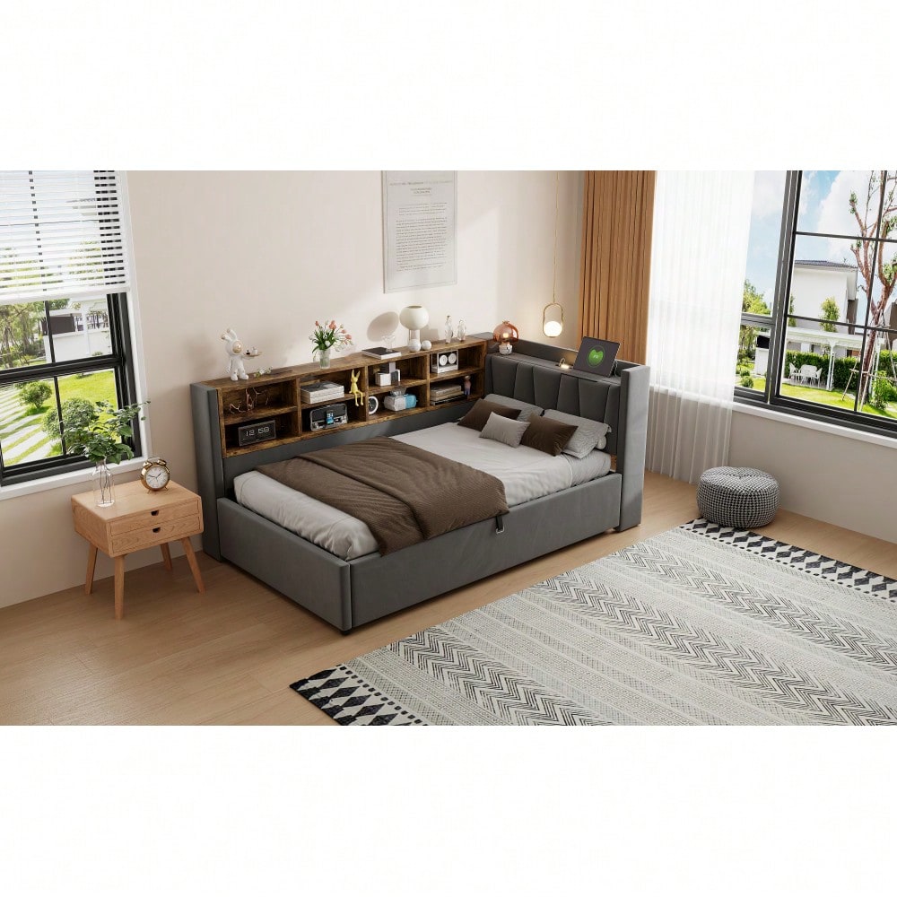 Polsterbett Schlafsofa 90*200 cm, Mit Hydraulischem Stauraum, Mit Nachtlicht, USB- und Typ-C-Ladeanschluss, Mit Ablagen und Staufächern, Gepolstertes Kopfteil, Multifunktionsbett Samtstoff Dunkelgrau