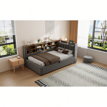 Polsterbett Schlafsofa 90*200 cm, Mit Hydraulischem Stauraum, Mit Nachtlicht, USB- und Typ-C-Ladeanschluss, Mit Ablagen und Staufächern, Gepolstertes Kopfteil, Multifunktionsbett Samtstoff Dunkelgrau