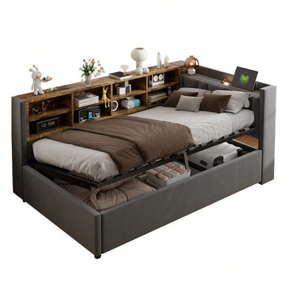 Polsterbett Schlafsofa 90*200 cm, Mit Hydraulischem Stauraum, Mit Nachtlicht, USB- und Typ-C-Ladeanschluss, Mit Ablagen und Staufächern, Gepolstertes Kopfteil, Multifunktionsbett Samtstoff Dunkelgrau