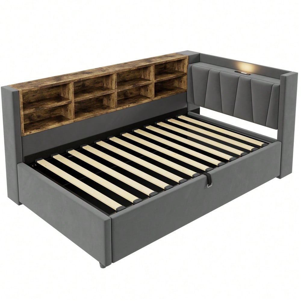Polsterbett Schlafsofa 90*200 cm, Mit Hydraulischem Stauraum, Mit Nachtlicht, USB- und Typ-C-Ladeanschluss, Mit Ablagen und Staufächern, Gepolstertes Kopfteil, Multifunktionsbett Samtstoff Dunkelgrau