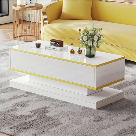 100*50*38cm Hochglanz-Couchtisch,Sofatisch mit 2 großen Schubladen, einzigartiger Wohnzimmertisch, warmweiß + goldener Rand kaffeetisch,Beistelltisch mit schmaler Mitte und breiter Ober- und Untersei