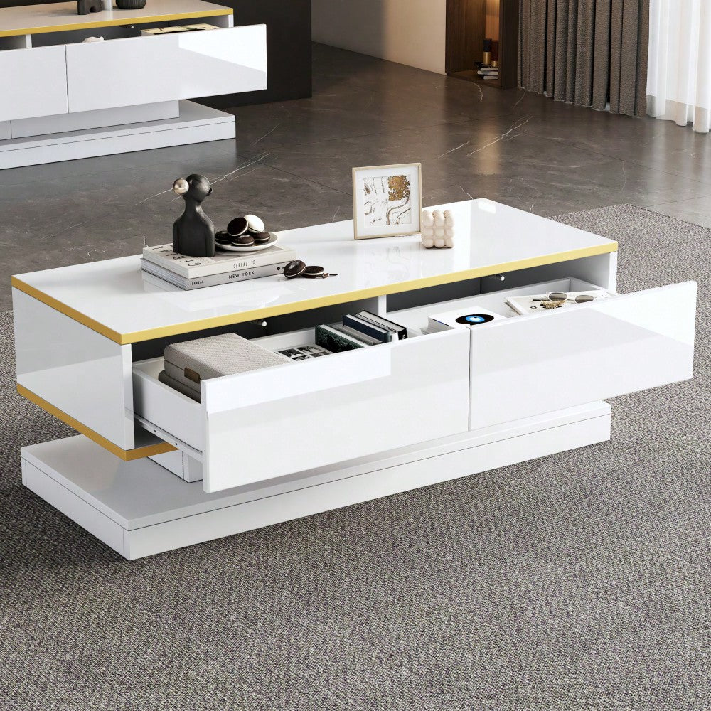 100*50*38cm Hochglanz-Couchtisch,Sofatisch mit 2 großen Schubladen, einzigartiger Wohnzimmertisch, warmweiß + goldener Rand kaffeetisch,Beistelltisch mit schmaler Mitte und breiter Ober- und Untersei