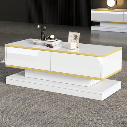 100*50*38cm Hochglanz-Couchtisch,Sofatisch mit 2 großen Schubladen, einzigartiger Wohnzimmertisch, warmweiß + goldener Rand kaffeetisch,Beistelltisch mit schmaler Mitte und breiter Ober- und Untersei