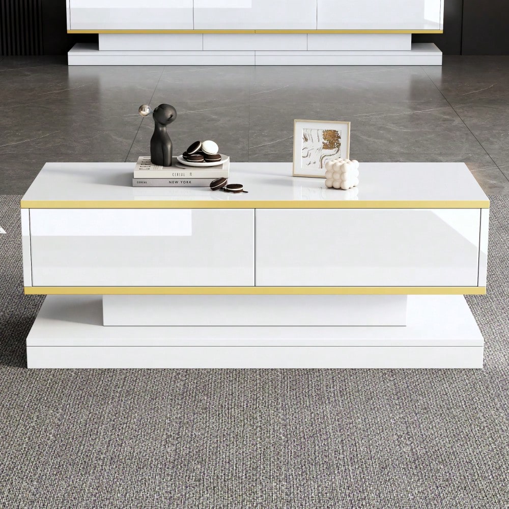 100*50*38cm Hochglanz-Couchtisch,Sofatisch mit 2 großen Schubladen, einzigartiger Wohnzimmertisch, warmweiß + goldener Rand kaffeetisch,Beistelltisch mit schmaler Mitte und breiter Ober- und Untersei