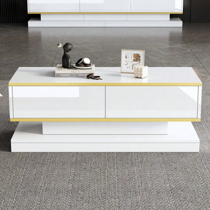 100*50*38cm Hochglanz-Couchtisch,Sofatisch mit 2 großen Schubladen, einzigartiger Wohnzimmertisch, warmweiß + goldener Rand kaffeetisch,Beistelltisch mit schmaler Mitte und breiter Ober- und Untersei