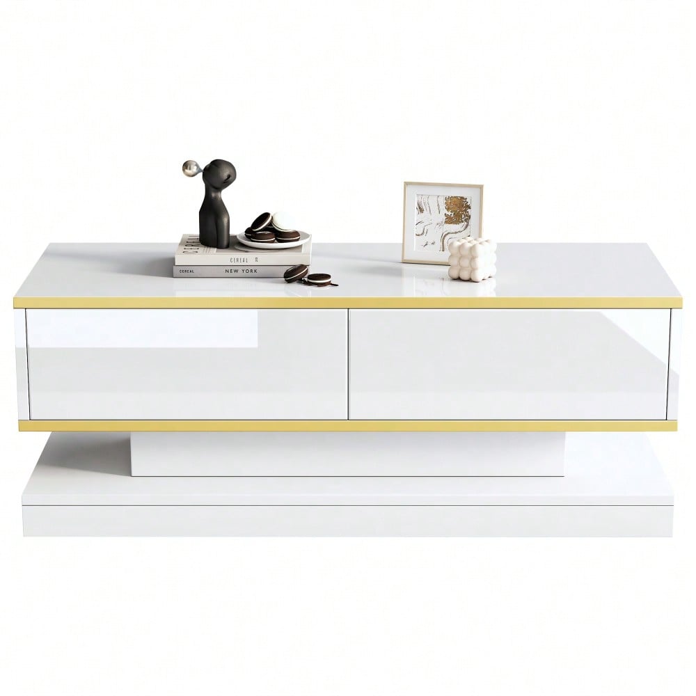 100*50*38cm Hochglanz-Couchtisch,Sofatisch mit 2 großen Schubladen, einzigartiger Wohnzimmertisch, warmweiß + goldener Rand kaffeetisch,Beistelltisch mit schmaler Mitte und breiter Ober- und Untersei