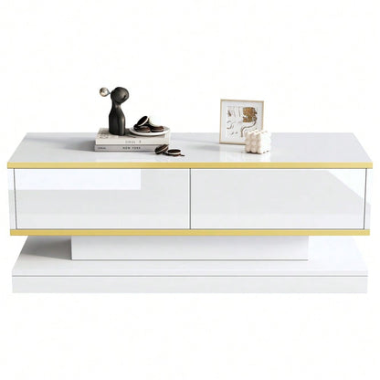 100*50*38cm Hochglanz-Couchtisch,Sofatisch mit 2 großen Schubladen, einzigartiger Wohnzimmertisch, warmweiß + goldener Rand kaffeetisch,Beistelltisch mit schmaler Mitte und breiter Ober- und Untersei