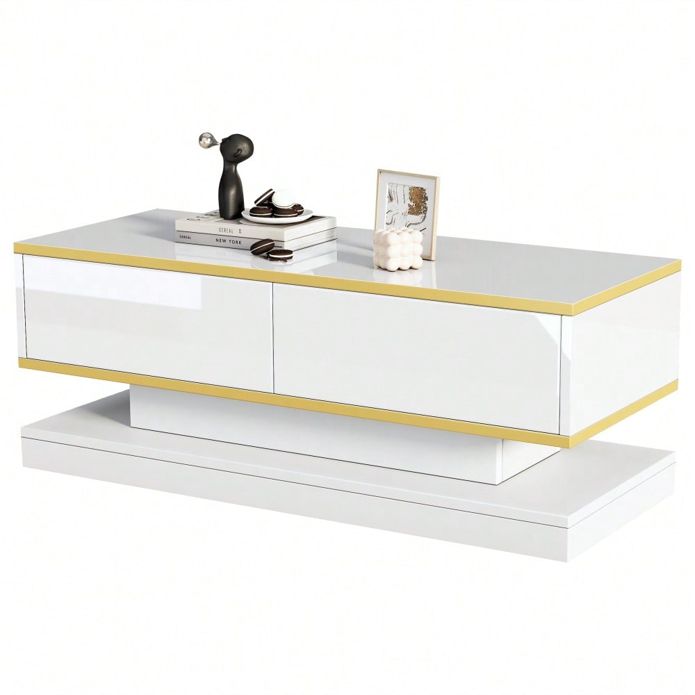 100*50*38cm Hochglanz-Couchtisch,Sofatisch mit 2 großen Schubladen, einzigartiger Wohnzimmertisch, warmweiß + goldener Rand kaffeetisch,Beistelltisch mit schmaler Mitte und breiter Ober- und Untersei