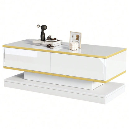 100*50*38cm Hochglanz-Couchtisch,Sofatisch mit 2 großen Schubladen, einzigartiger Wohnzimmertisch, warmweiß + goldener Rand kaffeetisch,Beistelltisch mit schmaler Mitte und breiter Ober- und Untersei