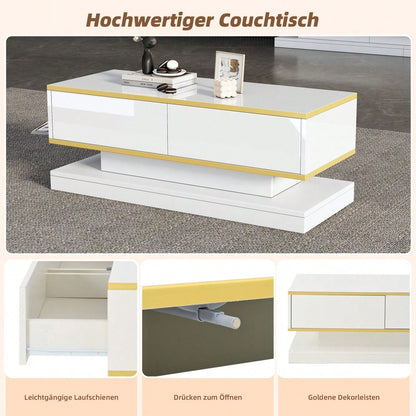 100*50*38cm Hochglanz-Couchtisch,Sofatisch mit 2 großen Schubladen, einzigartiger Wohnzimmertisch, warmweiß + goldener Rand kaffeetisch,Beistelltisch mit schmaler Mitte und breiter Ober- und Untersei