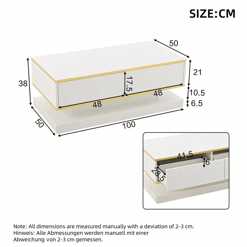100*50*38cm Hochglanz-Couchtisch,Sofatisch mit 2 großen Schubladen, einzigartiger Wohnzimmertisch, warmweiß + goldener Rand kaffeetisch,Beistelltisch mit schmaler Mitte und breiter Ober- und Untersei