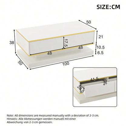 100*50*38cm Hochglanz-Couchtisch,Sofatisch mit 2 großen Schubladen, einzigartiger Wohnzimmertisch, warmweiß + goldener Rand kaffeetisch,Beistelltisch mit schmaler Mitte und breiter Ober- und Untersei