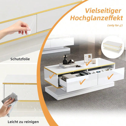100*50*38cm Hochglanz-Couchtisch,Sofatisch mit 2 großen Schubladen, einzigartiger Wohnzimmertisch, warmweiß + goldener Rand kaffeetisch,Beistelltisch mit schmaler Mitte und breiter Ober- und Untersei
