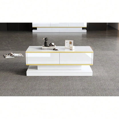 100*50*38cm Hochglanz-Couchtisch,Sofatisch mit 2 großen Schubladen, einzigartiger Wohnzimmertisch, warmweiß + goldener Rand kaffeetisch,Beistelltisch mit schmaler Mitte und breiter Ober- und Untersei