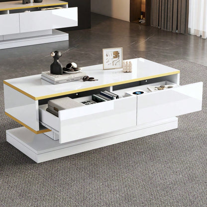 100*50*38cm Hochglanz-Couchtisch,Sofatisch mit 2 großen Schubladen, einzigartiger Wohnzimmertisch, warmweiß + goldener Rand kaffeetisch,Beistelltisch mit schmaler Mitte und breiter Ober- und Untersei
