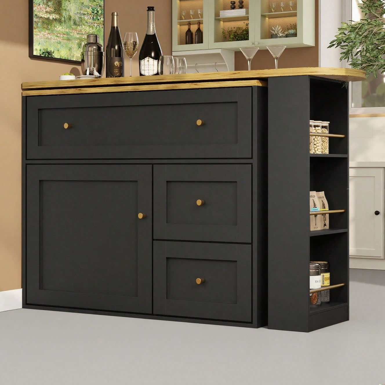 Ausziehbarer Bartisch mit Stauraum(138-204×39×105cm) , Küchenschrank, Sideboard mit Snackregal, Teleskopischer Bartisch, Stehtisch Bistrotisch  Hochtisch Kücheninsel, schwarz