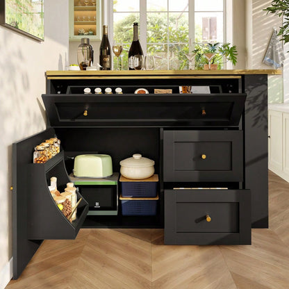 Ausziehbarer Bartisch mit Stauraum(138-204×39×105cm) , Küchenschrank, Sideboard mit Snackregal, Teleskopischer Bartisch, Stehtisch Bistrotisch  Hochtisch Kücheninsel, schwarz