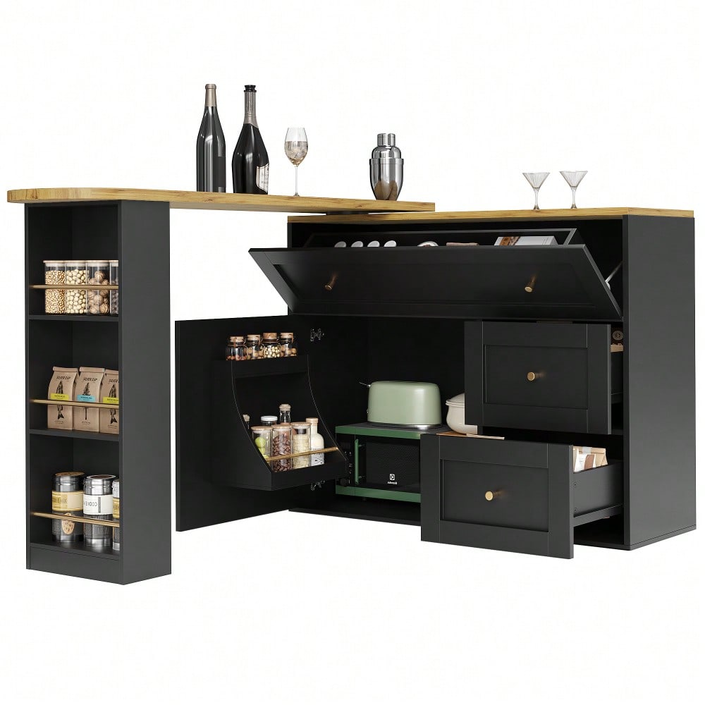 Ausziehbarer Bartisch mit Stauraum(138-204×39×105cm) , Küchenschrank, Sideboard mit Snackregal, Teleskopischer Bartisch, Stehtisch Bistrotisch  Hochtisch Kücheninsel, schwarz