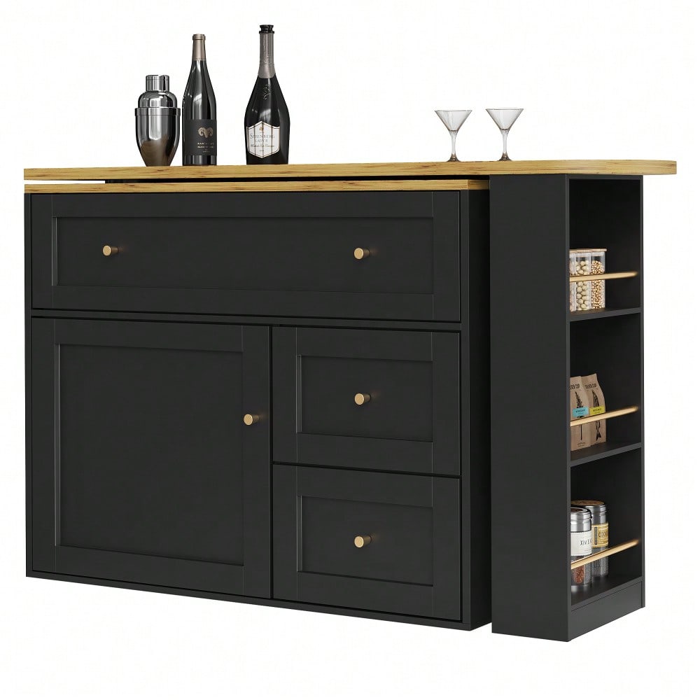 Ausziehbarer Bartisch mit Stauraum(138-204×39×105cm) , Küchenschrank, Sideboard mit Snackregal, Teleskopischer Bartisch, Stehtisch Bistrotisch  Hochtisch Kücheninsel, schwarz