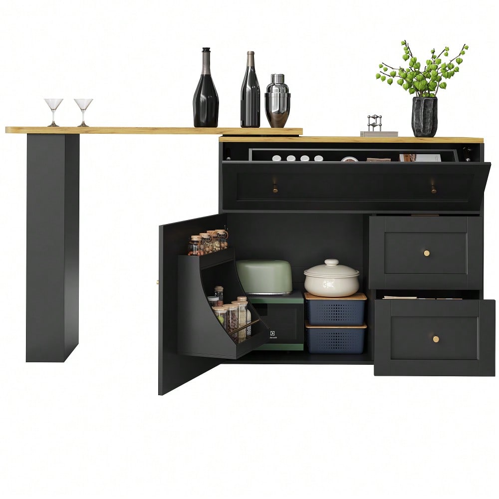 Ausziehbarer Bartisch mit Stauraum(138-204×39×105cm) , Küchenschrank, Sideboard mit Snackregal, Teleskopischer Bartisch, Stehtisch Bistrotisch  Hochtisch Kücheninsel, schwarz