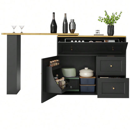 Ausziehbarer Bartisch mit Stauraum(138-204×39×105cm) , Küchenschrank, Sideboard mit Snackregal, Teleskopischer Bartisch, Stehtisch Bistrotisch  Hochtisch Kücheninsel, schwarz