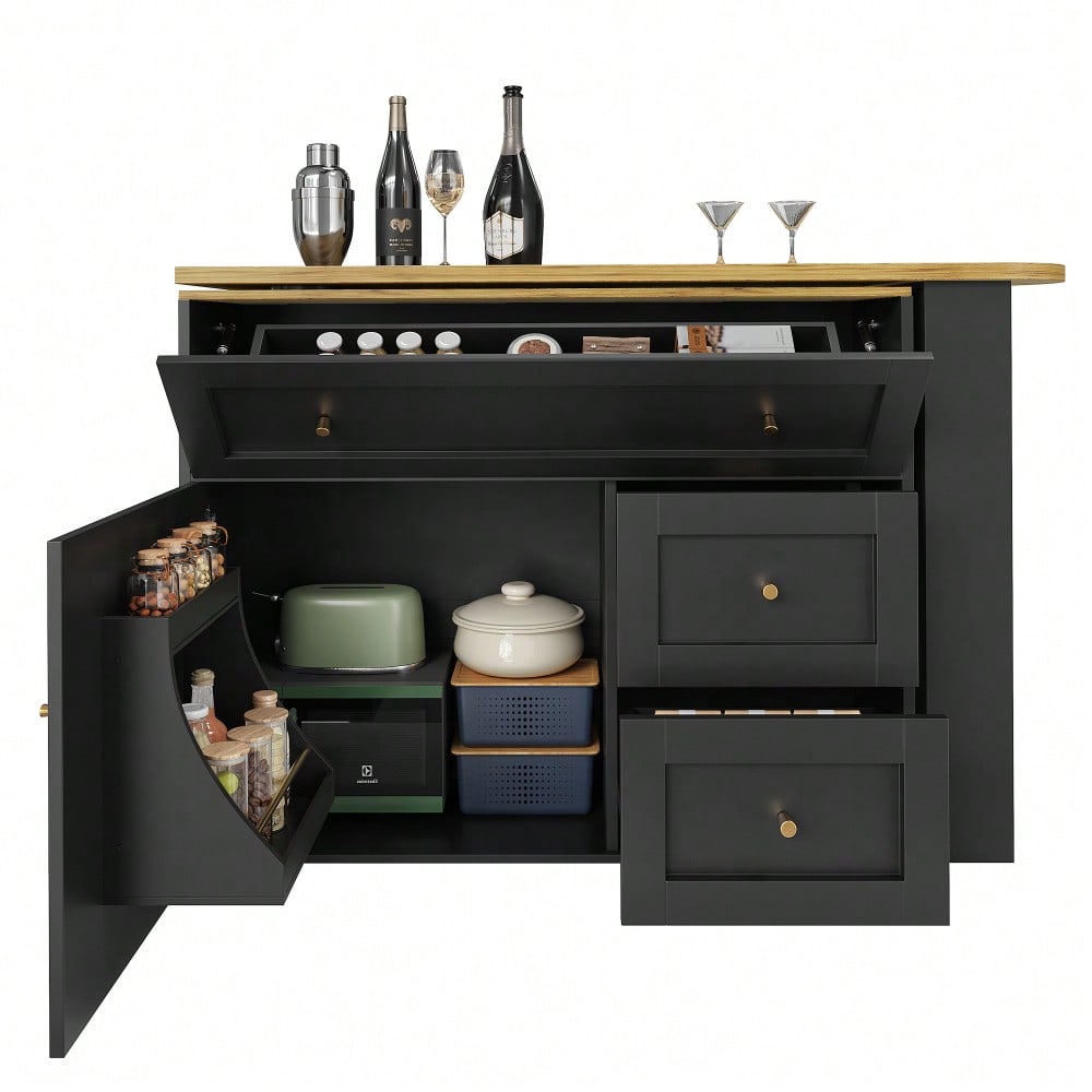Ausziehbarer Bartisch mit Stauraum(138-204×39×105cm) , Küchenschrank, Sideboard mit Snackregal, Teleskopischer Bartisch, Stehtisch Bistrotisch  Hochtisch Kücheninsel, schwarz