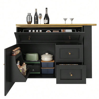 Ausziehbarer Bartisch mit Stauraum(138-204×39×105cm) , Küchenschrank, Sideboard mit Snackregal, Teleskopischer Bartisch, Stehtisch Bistrotisch  Hochtisch Kücheninsel, schwarz