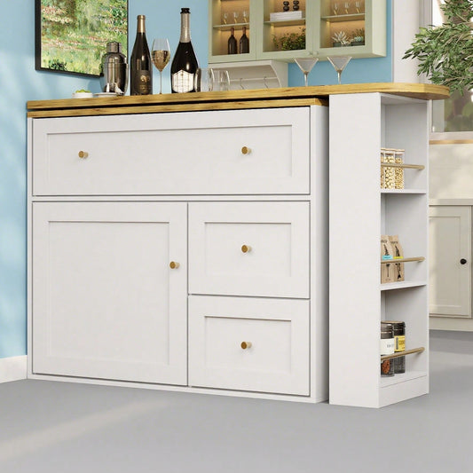 Ausziehbarer Bartisch mit Stauraum(138-204×39×105cm) , Küchenschrank, Sideboard mit Snackregal, Teleskopischer Bartisch, Stehtisch Bistrotisch  Hochtisch Kücheninsel, weiß