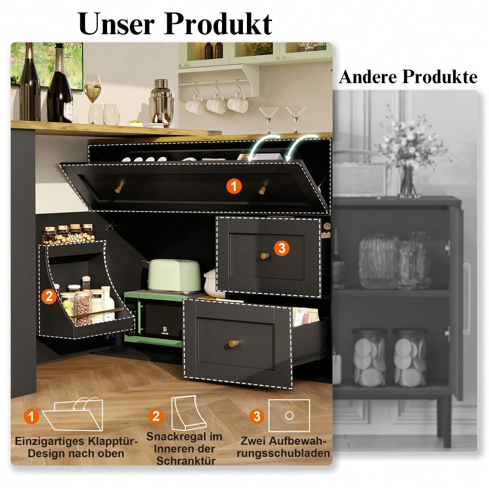 Ausziehbarer Bartisch mit Stauraum(138-204×39×105cm) , Küchenschrank, Sideboard mit Snackregal, Teleskopischer Bartisch, Stehtisch Bistrotisch  Hochtisch Kücheninsel, schwarz