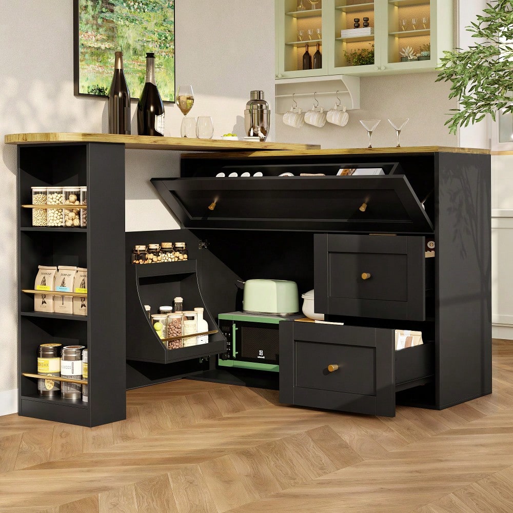 Ausziehbarer Bartisch mit Stauraum(138-204×39×105cm) , Küchenschrank, Sideboard mit Snackregal, Teleskopischer Bartisch, Stehtisch Bistrotisch  Hochtisch Kücheninsel, schwarz