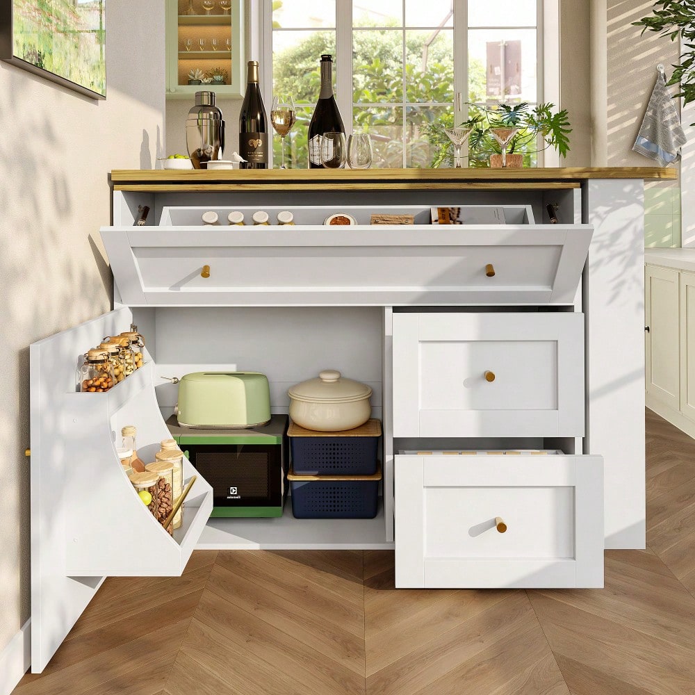 Ausziehbarer Bartisch mit Stauraum(138-204×39×105cm) , Küchenschrank, Sideboard mit Snackregal, Teleskopischer Bartisch, Stehtisch Bistrotisch  Hochtisch Kücheninsel, weiß
