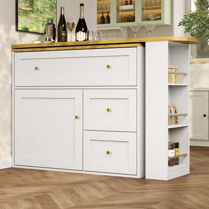 Ausziehbarer Bartisch mit Stauraum(138-204×39×105cm) , Küchenschrank, Sideboard mit Snackregal, Teleskopischer Bartisch, Stehtisch Bistrotisch  Hochtisch Kücheninsel, weiß