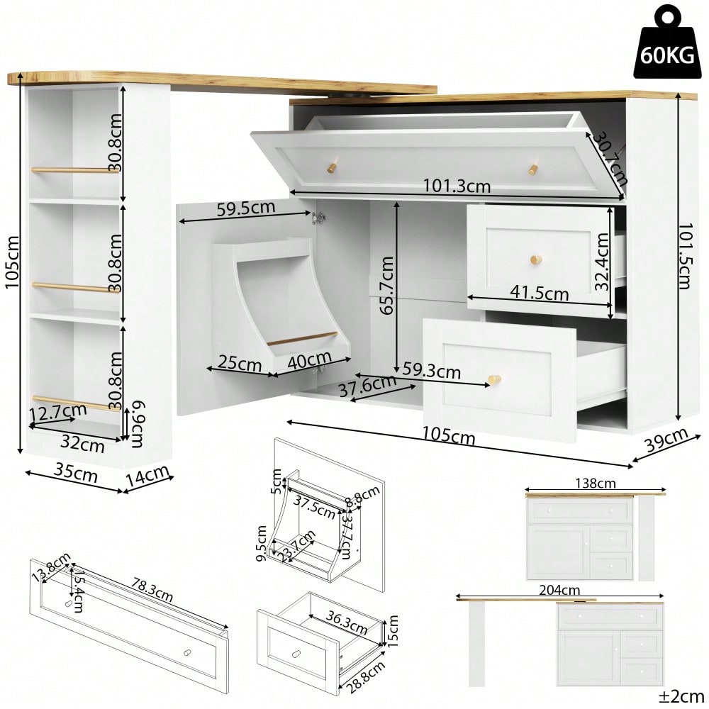 Ausziehbarer Bartisch mit Stauraum(138-204×39×105cm) , Küchenschrank, Sideboard mit Snackregal, Teleskopischer Bartisch, Stehtisch Bistrotisch  Hochtisch Kücheninsel, weiß