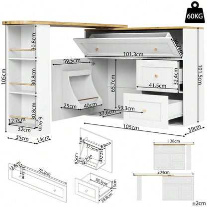 Ausziehbarer Bartisch mit Stauraum(138-204×39×105cm) , Küchenschrank, Sideboard mit Snackregal, Teleskopischer Bartisch, Stehtisch Bistrotisch  Hochtisch Kücheninsel, weiß