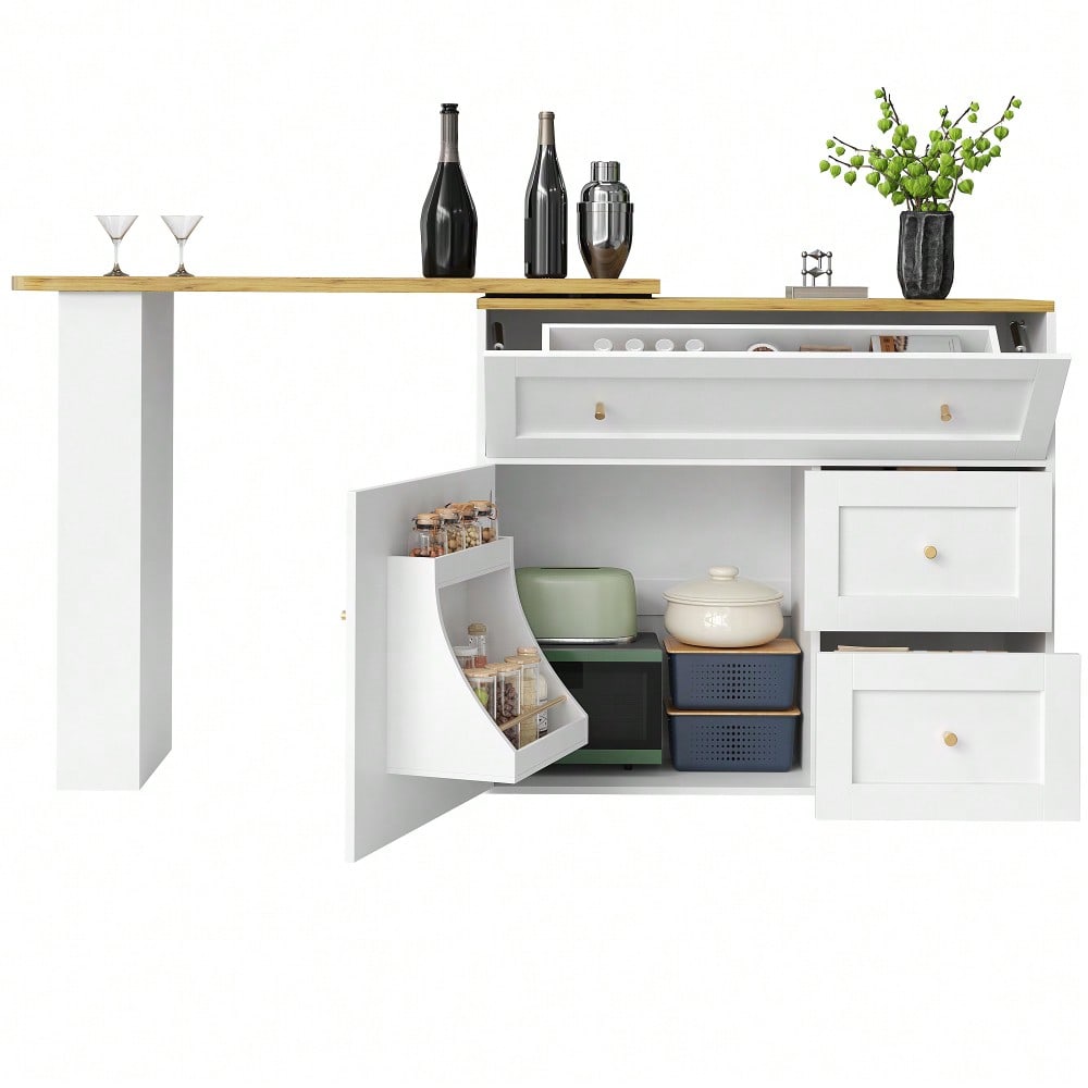 Ausziehbarer Bartisch mit Stauraum(138-204×39×105cm) , Küchenschrank, Sideboard mit Snackregal, Teleskopischer Bartisch, Stehtisch Bistrotisch  Hochtisch Kücheninsel, weiß