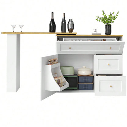 Ausziehbarer Bartisch mit Stauraum(138-204×39×105cm) , Küchenschrank, Sideboard mit Snackregal, Teleskopischer Bartisch, Stehtisch Bistrotisch  Hochtisch Kücheninsel, weiß